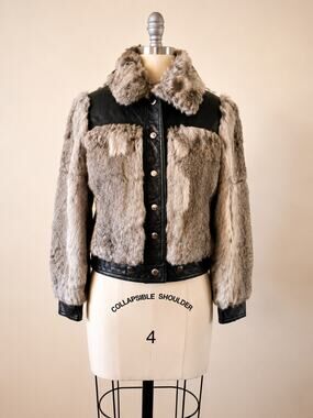 Vintage 1970s La Scala Rabbit Fur Black Leather Jacket Women M Punk Rock AS IS